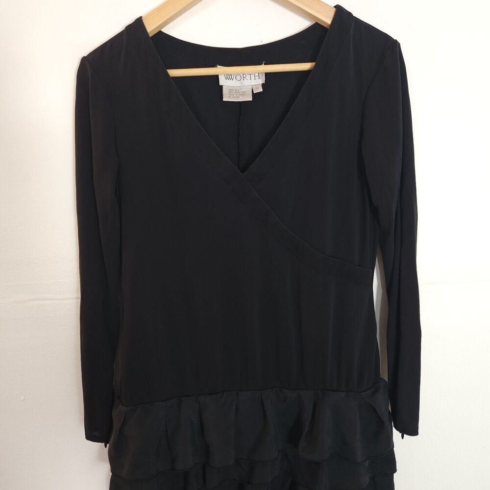 Worth 100% Silk Black Tiered Ruffle Dress Size 10 Zip Sleeve Elegant Minimalist - Picture 2 of 10